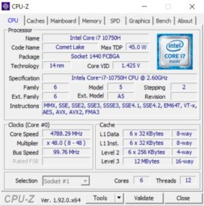 Core i7-10750H,CPUZ,GALLERIA GCL2060RGF-T,CPU