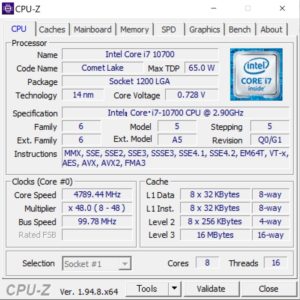 GALLERIA XA7C-R38,Core i7-10700,性能,ベンチ,CPUZ