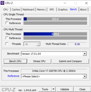 ドスパラ,raytrek R5,Core i7-10875H,CPUZ